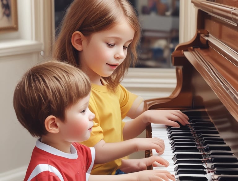 A person is seated at a wooden piano, attentively playing music with sheet music open in front of them. The individual is wearing a colorful striped dress and black shoes with white socks. The setting appears to be a cozy room with a blend of wooden and carpeted flooring. A variety of potted plants and decorative items sit atop the piano.