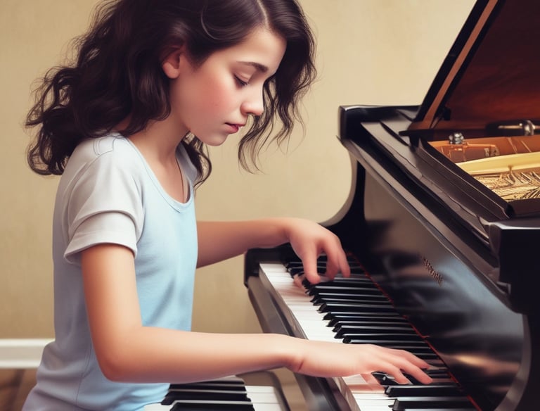 A pair of hands gracefully playing the keys of an upright piano. Sheet music is visible on the music stand, and the polished wooden finish of the piano adds a classic touch.
