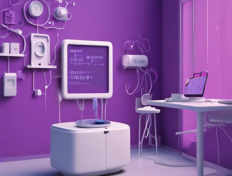 A conference room setting with several laptops on a large table, each being used by a person. A large screen displays a blue interface with the text 'Generate ad creatives from any website with AI'. A stainless steel water bottle and a conference phone are also visible on the table.