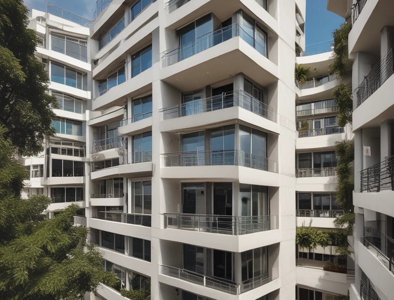 A large residential building with numerous yellow balconies is seen, each having air conditioning units installed. In the foreground, there's a wet, reflective ground surface of a parking area with some visible puddles. The parking lot has a fence along the left side and some yellow lines marking the spaces.
