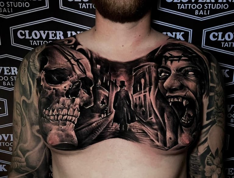 Custom script tattoo on male chest at The Clover Ink Bali