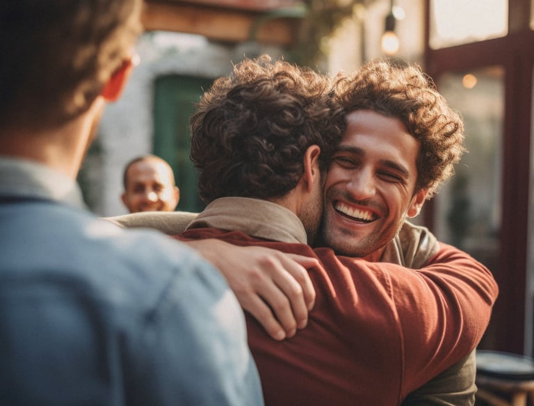 Homens se abraçando e sorrindo em acolhimento