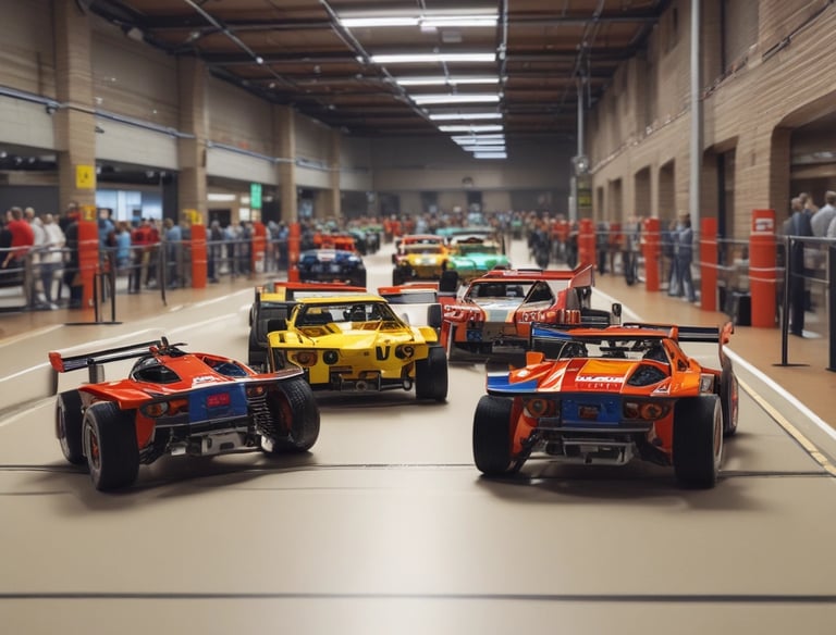 A crowd of enthusiastic spectators watches a car race at a large race track. Several brightly colored race cars are speeding past the spectators, with some fans waving and taking pictures. In the background, there are racing facilities, including stands, a digital screen, and a field with racing logos.