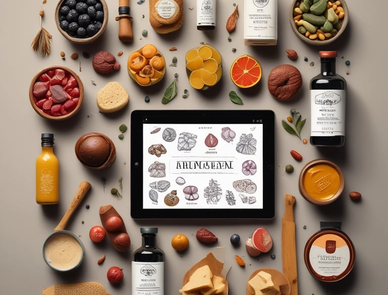 A wooden shelf filled with various jars, bottles, and packages of food products, including truffles, sauces, pasta, and preserved goods. Each shelf holds differently sized containers with labels and tags, creating a rustic and artisanal ambiance.
