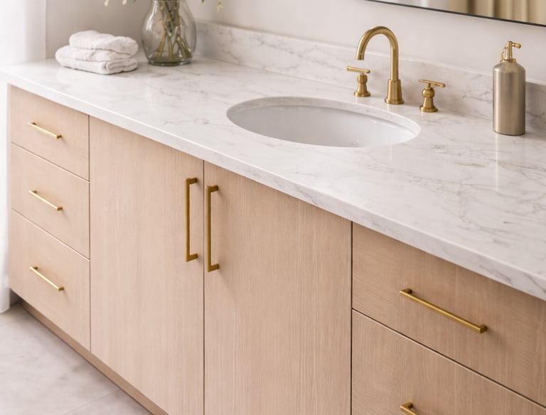 Custom epoxy bathroom countertop with soft metallic finish