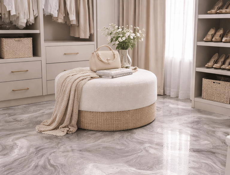 Custom epoxy closet floor with soft swirl pattern