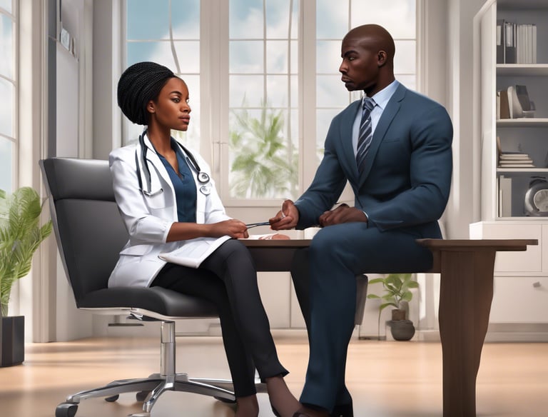 A man is receiving a medical check-up or test from a female healthcare professional who is sitting at a table outside. The man is smiling and wearing a yellow t-shirt, while the professional is dressed in a white coat. There are several people standing around, likely part of an event or fair. Medical supplies and informational materials are scattered on the table.