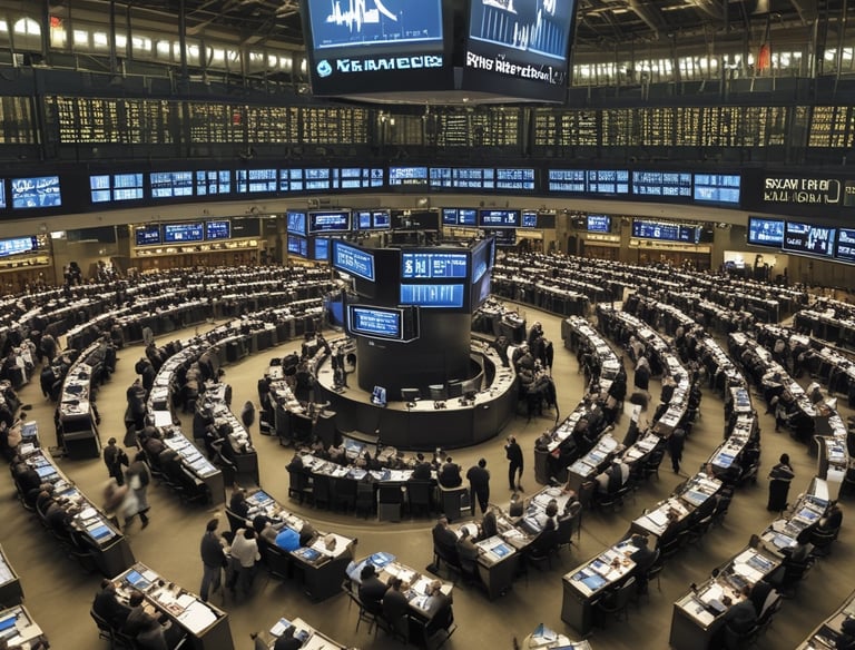 A bustling trade show or exposition with numerous booths displaying technology and financial services. People are interacting and walking around the exhibits, giving the scene a dynamic and busy atmosphere.