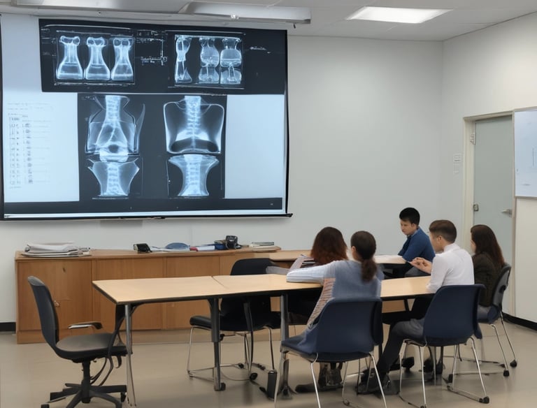 A person is sitting in a dental office looking at a dental X-ray on a tablet device held by another person. The individual in the foreground is pointing at the images on the screen. Dental equipment and a sink are visible in the background.