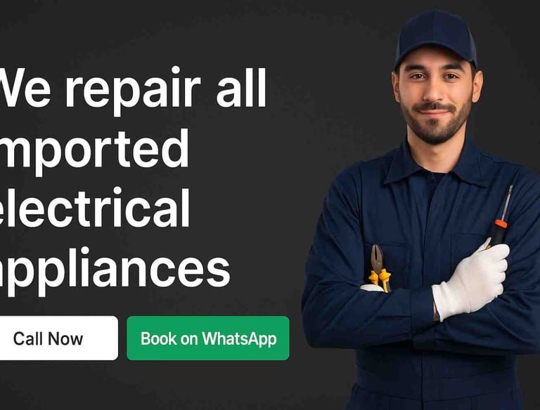 Technician with tools beside text about imported appliance repair.