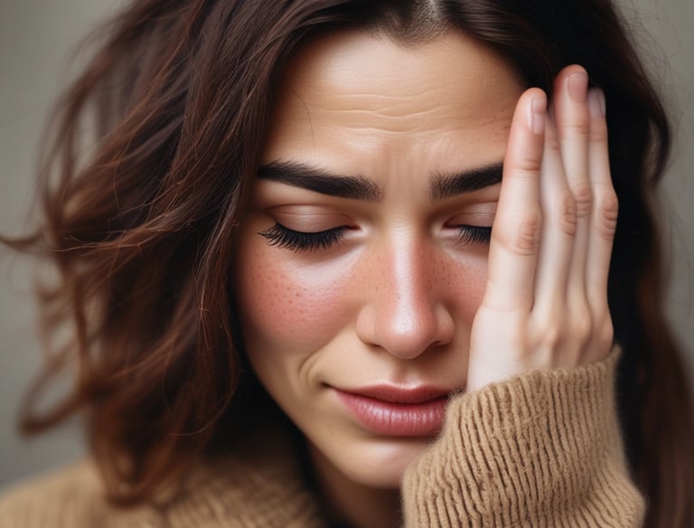 woman in brown sweater covering her face with her hand