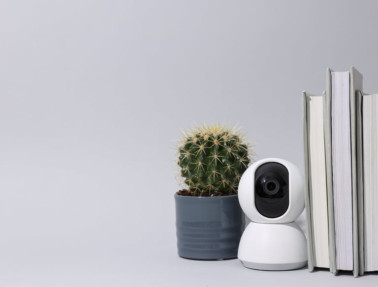 a camera and a cactus plant in a potted plant