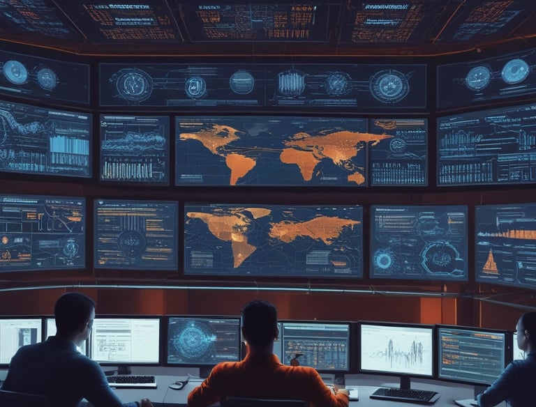 A dimly lit desk setup featuring a computer monitor displaying a document titled 'General Hardening Guideline'. The desk has a mechanical keyboard with blue and red keys, a lamp providing light on the right side, and various small items including notes pinned to the wall, a notebook, and a cup. There is a mesh office chair in front of the desk.