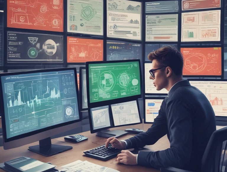 A dimly lit desk setup featuring a computer monitor displaying a document titled 'General Hardening Guideline'. The desk has a mechanical keyboard with blue and red keys, a lamp providing light on the right side, and various small items including notes pinned to the wall, a notebook, and a cup. There is a mesh office chair in front of the desk.