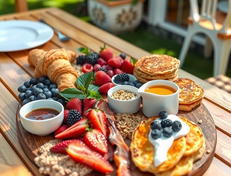 a wooden table with a plate of food and a bowl of fruit