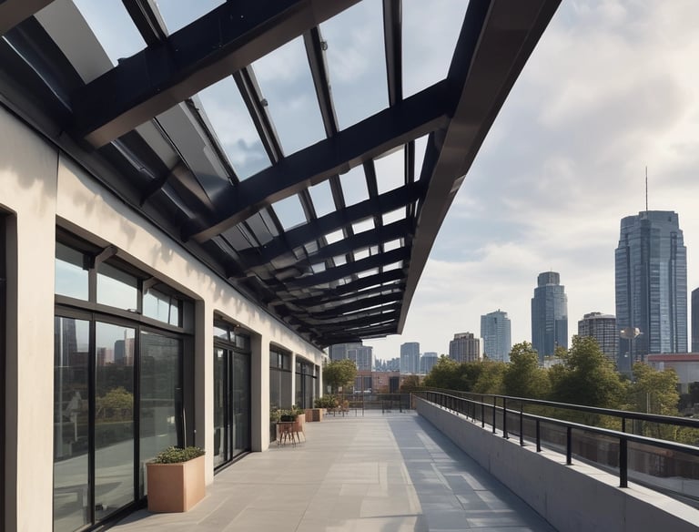 A narrow urban street surrounded by tall, brick buildings with modern and industrial architectural elements. There is a 'For Sale' sign on one of the buildings and the street is lined with street lamps. The pavement is empty, suggesting a quiet moment in the city.