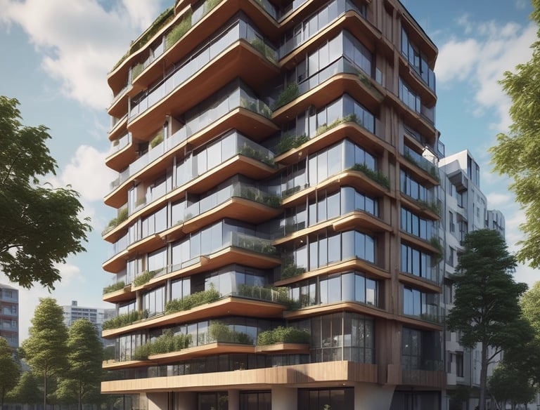 A modern multi-story glass building with balconies extends along an urban street, displaying a sign about upcoming condominium availability. Several people are walking on the adjacent sidewalk, some with dogs, and new construction seems underway. The sky is partly cloudy, and surrounding buildings indicate a dense city setting.