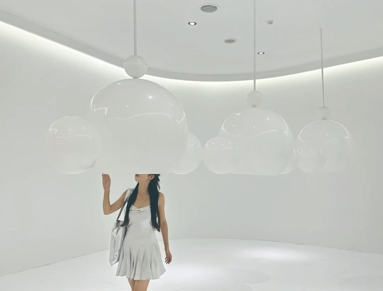 Floating Bubble Installation for SKULLPANDA Sonic Illusion Exhibition White Room Display in Shanghai by DEFARA