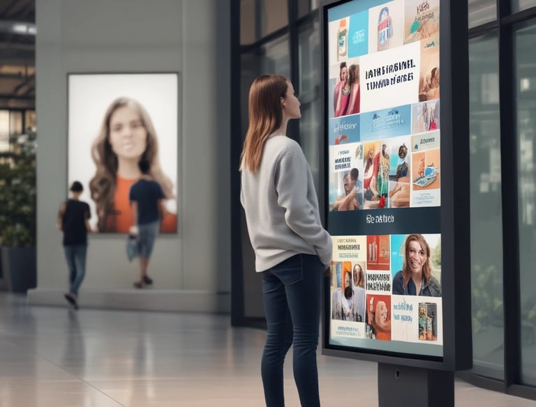 A digital totem displaying advertisements in a busy area.