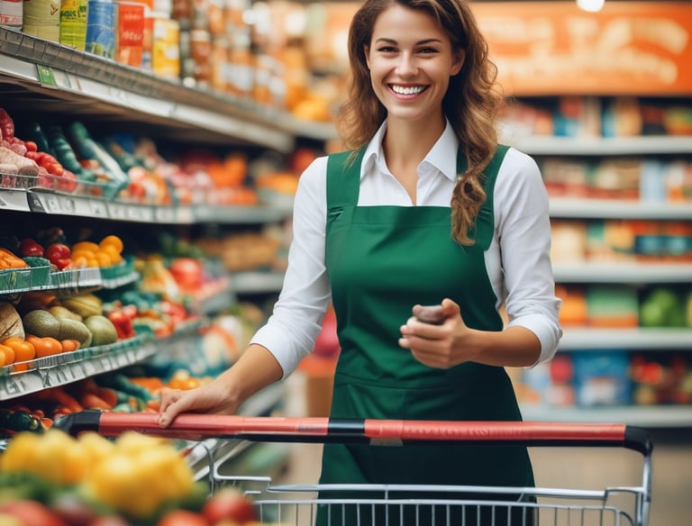 A shopper selecting fresh produce in a grocery store.