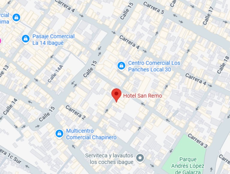 Google Maps street view showing the location of Hotel San Remo in Ibague, Colombia.