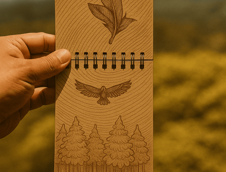 a person holding a notebook with a drawing of a bird