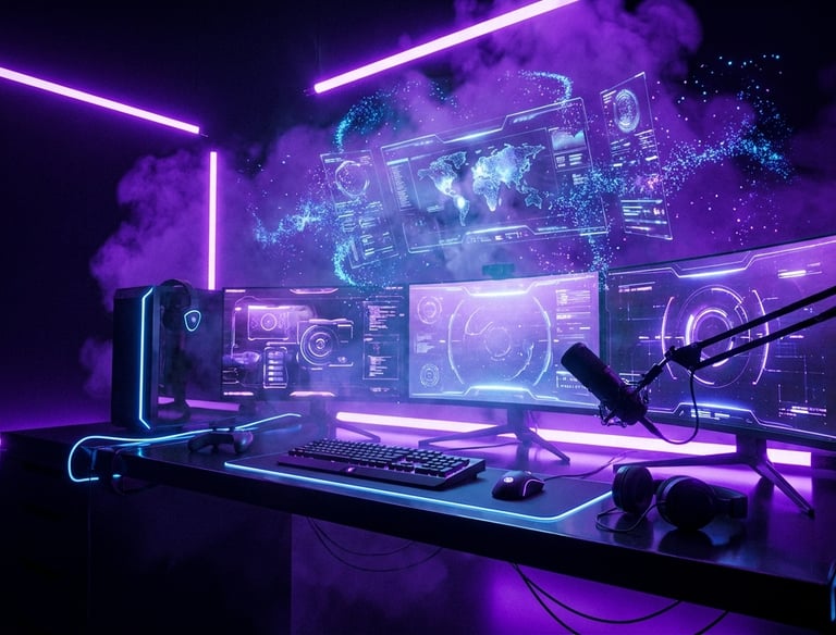 Gaming setup dark and violet with alot of monitors