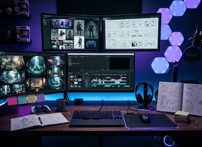Professional gaming and video editing desk setup with four monitors, blue LED lighting, and a mechanical keyboard.