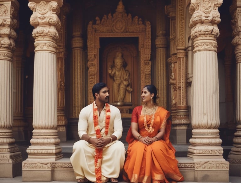A couple dressed in traditional Indian attire are posing back-to-back under a canopy of white string lights. The man is wearing a white sherwani with a bright pink turban, while the woman is dressed in a pink and green saree with intricate jewelry and henna on her hands.