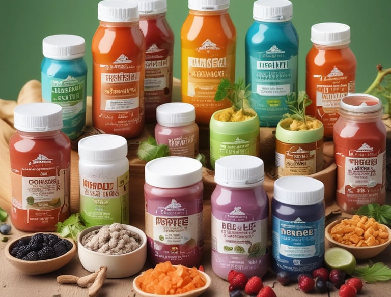 Two hands are holding small green beverage bottles labeled 'magic mind' against a gradient background that transitions from yellow to pink. The bottles have labels indicating ingredients such as matcha and honey. The nails on the hands are painted in different pastel colors.