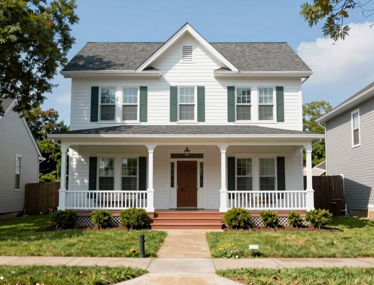 a white house with green shutters and a door