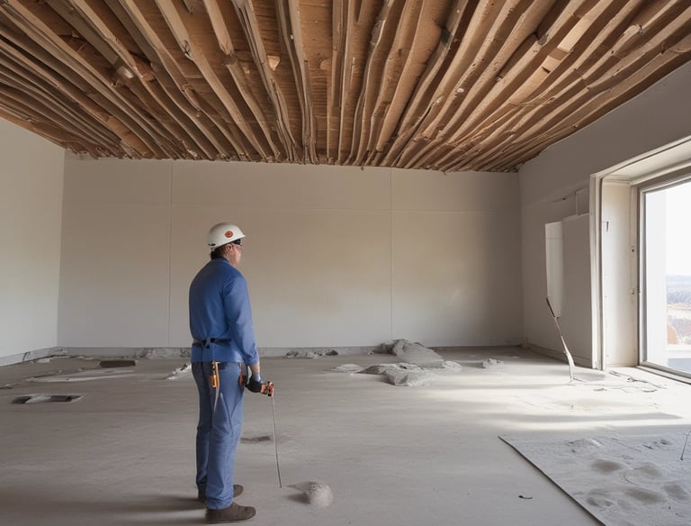 Wide shot of construction workers collaborating on a building site.