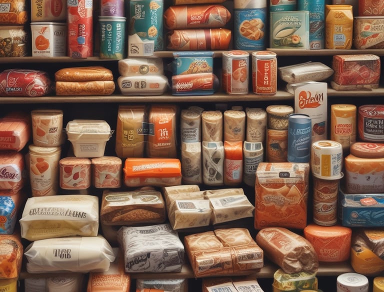 A variety of plastic packaging materials displayed in a warehouse setting.