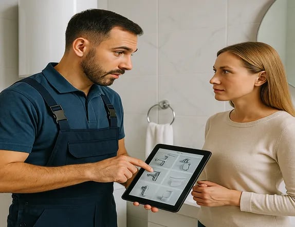 a man and woman in overalls and overalls standing in a bathroom