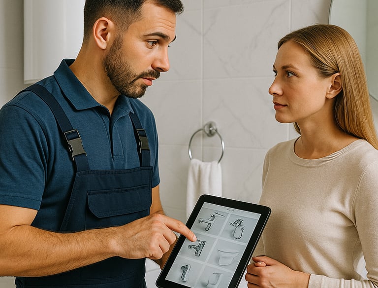 a man and woman in overalls and overalls standing in a bathroom