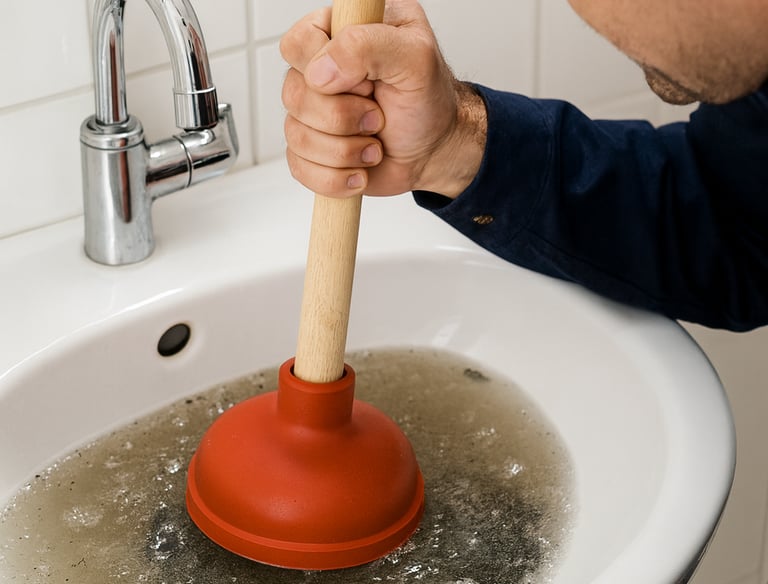a man in a blue shirt is holding a plunger