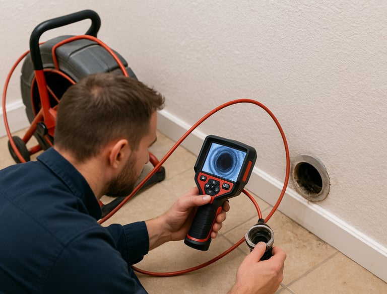 a man in a blue shirt is holding a camera and a camera
