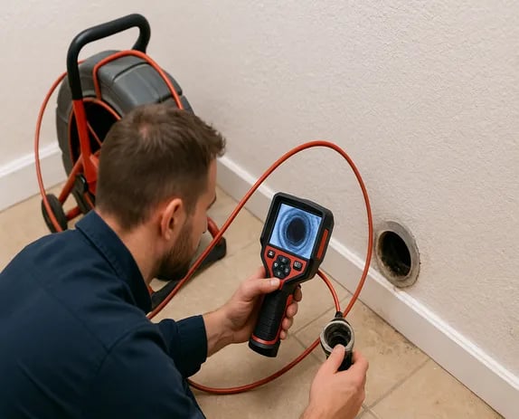 a man in a blue shirt is holding a camera and a camera