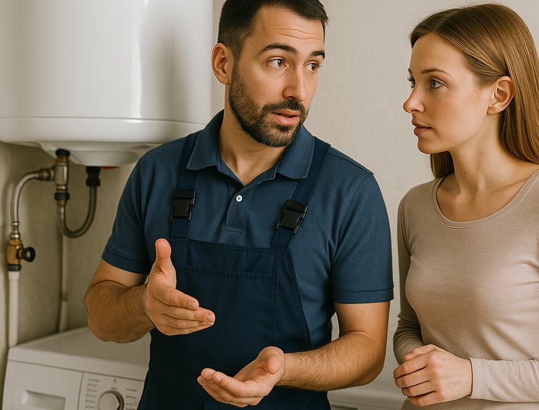 a man and woman in overalls and overalls standing in front of a washing