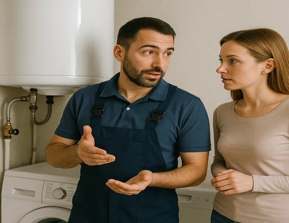 a man and woman in overalls and overalls standing in front of a washing