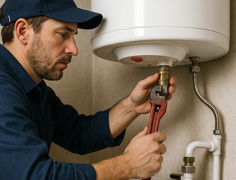 a man in a blue shirt is fixing a tankless water heater