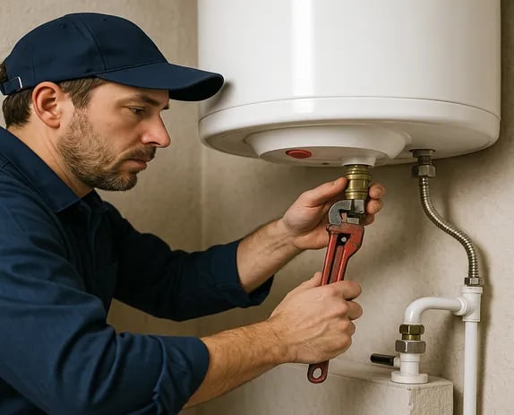 a man in a blue shirt is fixing a tankless water heater
