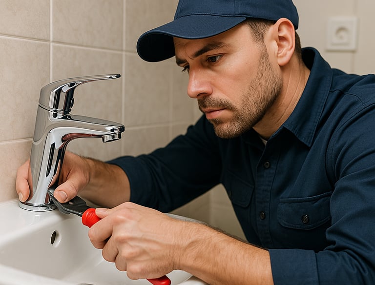 a man in a blue shirt is fixing a sink