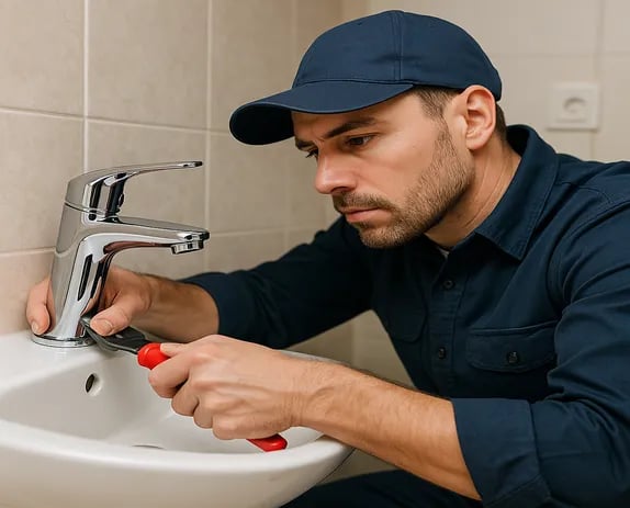 a man in a blue shirt is fixing a sink