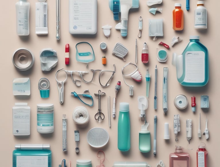An assortment of medical supplies is scattered on a concrete floor, including syringes, vials, and medical bags filled with other equipment. The items appear to be part of an emergency medical kit or a mobile health unit.