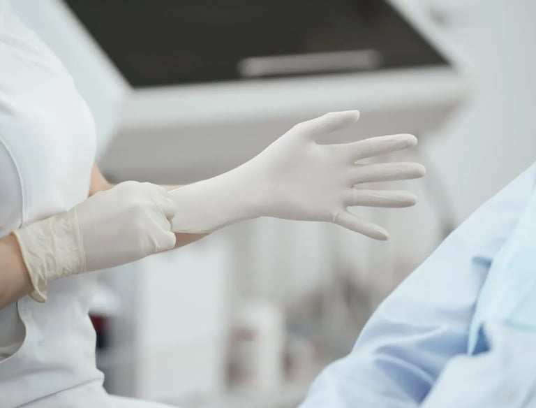 A woman wearing a pair of white gloves.