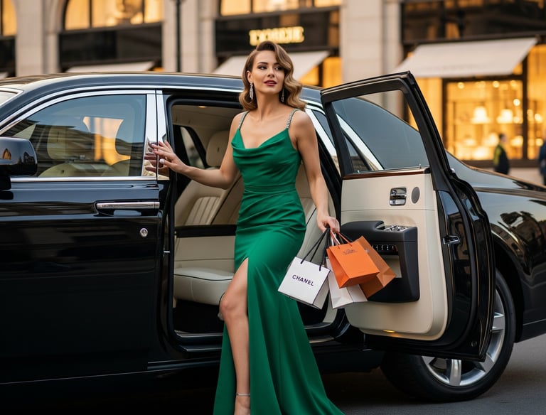 mujere elegante con bolsas de ropa de boutique de lujo