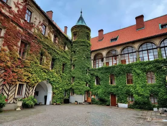 Ivy-covered medieval castle courtyard with a turret in Bohemian Paradise Czech Republic