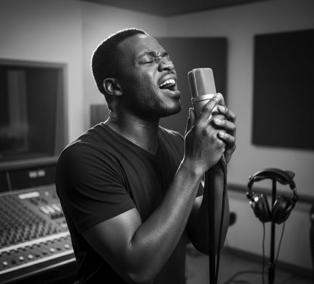 a man singing into a microphone in a recording studio