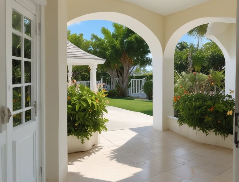 A modern multi-story building with numerous windows, featuring a central entrance labeled 'Leasing Office'. A pathway leads up to the entrance, bordered by manicured plants and palm trees. A zebra crossing stretches across the asphalt road in front of the building.